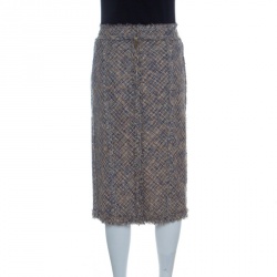 Louis Vuitton Tan and Blue Textured Fringed Pencil Skirt L