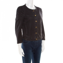 Louis Vuitton Black Washed Effect Denim Monogram Embroidered Collarless Jacket M