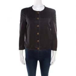 Louis Vuitton Black Washed Effect Denim Monogram Embroidered Collarless Jacket M