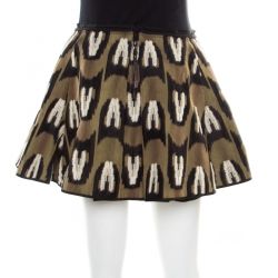 Louis Vuitton Green Fuzzy Wool Embroidered Pleated Jacquard Mini Skirt S