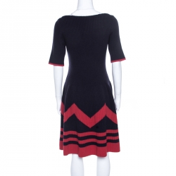 Pre Owned Louis Vuitton Navy Blue Wool and Cashmere Contrast Trim Detail Boat Neck Dress L