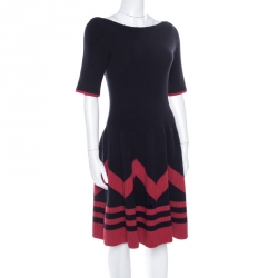 Pre Owned Louis Vuitton Navy Blue Wool and Cashmere Contrast Trim Detail Boat Neck Dress L