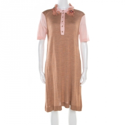 Beige Silk Knit Floral And Bead Applique Polo T-Shirt Dress