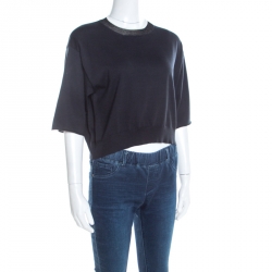 Louis Vuitton Navy Blue Silk and Cotton Knit Crew Neck Crop Top L