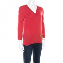 Pre Owned Louis Vuitton Red Cashmere Embellished Pocket Sweater M 