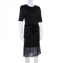 Louis Vuitton Black Stretch Knit Belted Short Sleeve Dress S