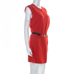 Louis Vuitton Red Crepe Sleeveless Belted Dress M
