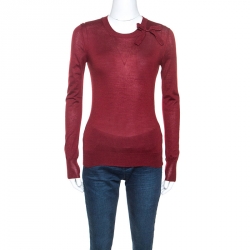 Louis Vuitton Burgundy Cashmere and Silk Blend Bow Detail Sweater S