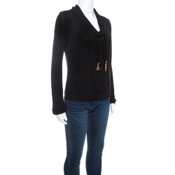 Louis Vuitton Black Wool Tassel Tie Detail Knit Top M