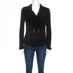 Louis Vuitton Black Wool Tassel Tie Detail Knit Top M