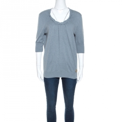Louis Vuitton Grey Cashmere Twisted Collar Detail Short Sleeve Sweater M