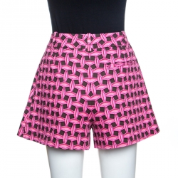 Pre Owned Louis Vuitton Pink & Brown Printed Denim Pleated Shorts S