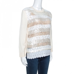 Louis Vuitton Cream Wool Blend Sequin Embellished Top M