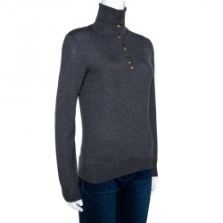Louis Vuitton Grey Cashmere Wool Blend Monogram Button Detail Top S