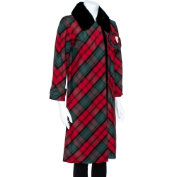 Pre Owned Louis Vuitton Red Tartan Check Detachable Mink Collar Coat M