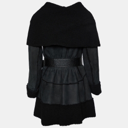Louis Vuitton Black Suede Belted Shearling Coat L