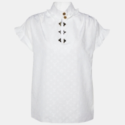 Louis Vuitton White Monogram Fil Coupé Cotton Frill Blouse S