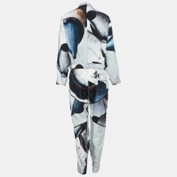 Louis Vuitton Blue Printed Silk Blend Belted Jumpsuit M