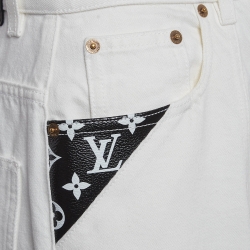 Pre Owned Louis Vuitton White Leather Applique Denim Jeans M Waist 28"