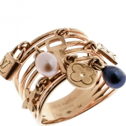 Louis Vuitton Cultured Pearl & Monogram Charm 18K Yellow Gold Cocktail Ring Size 54