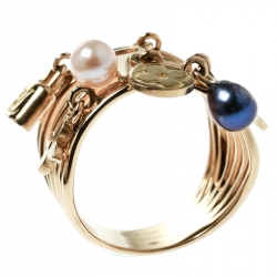 Louis Vuitton Cultured Pearl & Monogram Charm 18K Yellow Gold Cocktail Ring Size 54