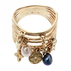 Louis Vuitton Cultured Pearl & Monogram Charm 18K Yellow Gold Cocktail Ring Size 54