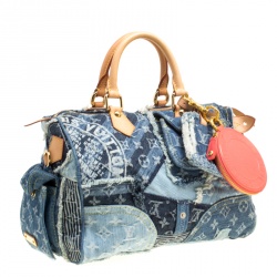 Pre Owned Louis Vuitton Blue Monogram Denim Limited Edition Patchwork Speedy Bag with Charm