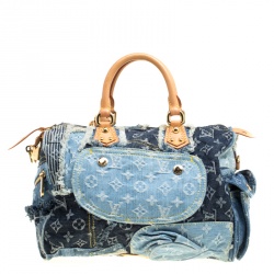 Pre Owned Louis Vuitton Blue Monogram Denim Limited Edition Patchwork Speedy Bag with Charm