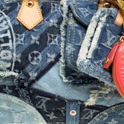 Pre Owned Louis Vuitton Blue Monogram Denim Limited Edition Patchwork Speedy Bag with Charm