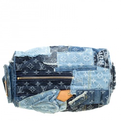 Pre Owned Louis Vuitton Blue Monogram Denim Limited Edition Patchwork Speedy Bag with Charm