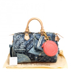 Pre Owned Louis Vuitton Blue Monogram Denim Limited Edition Patchwork Speedy Bag with Charm