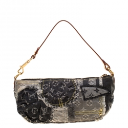 Pre Owned Louis Vuitton Black Monogram Denim Patchwork Pouchy Bag