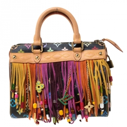 Pre Owned Louis Vuitton Black Monogram Multicolore Limited Edition Fringe Speedy 25 Bag