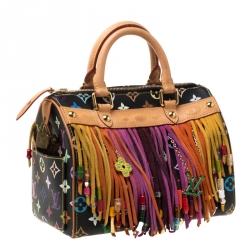 Pre Owned Louis Vuitton Black Monogram Multicolore Limited Edition Fringe Speedy 25 Bag