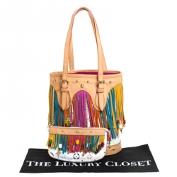 Pre Owned Louis Vuitton White Multicolor Monogram Canvas Limited Edition Fringe Bucket Bag with Pouch
