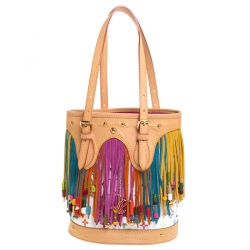 Pre Owned Louis Vuitton White Multicolor Monogram Canvas Limited Edition Fringe Bucket Bag with Pouch