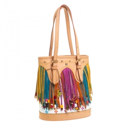 Pre Owned Louis Vuitton White Multicolor Monogram Canvas Limited Edition Fringe Bucket Bag with Pouch
