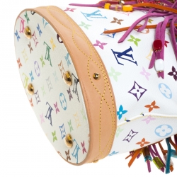 Pre Owned Louis Vuitton White Multicolor Monogram Canvas Limited Edition Fringe Bucket Bag with Pouch