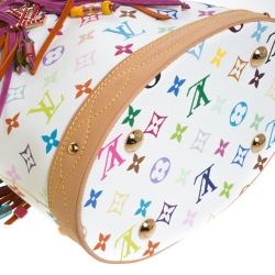 Pre Owned Louis Vuitton White Multicolor Monogram Canvas Limited Edition Fringe Bucket Bag with Pouch