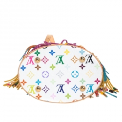 Pre Owned Louis Vuitton White Multicolor Monogram Canvas Limited Edition Fringe Bucket Bag with Pouch