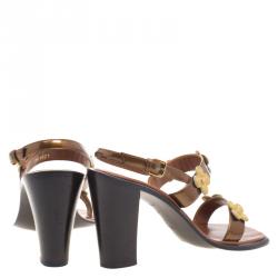 مملوكة مسبقًا Louis Vuitton Brown Leather Floral Cut Out Embellished Ankle Strap Sandals Size 36.5