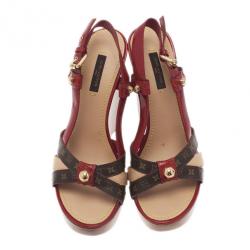 Pre Owned صندل لوي فيتون جلد أحمر لامع مونوغرامي نعل روكي وحزام للكاحل مقاس 38.5