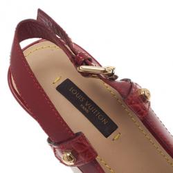 Pre Owned صندل لوي فيتون جلد أحمر لامع مونوغرامي نعل روكي وحزام للكاحل مقاس 38.5