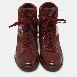 Louis Vuitton Burgundy Monogram Suede and Patent Leather Millenium Wedge High Top Sneakers Size 38.5