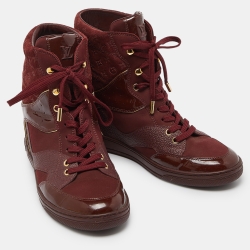 Louis Vuitton Burgundy Monogram Suede and Patent Leather Millenium Wedge High Top Sneakers Size 38.5