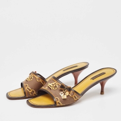 Louis Vuitton Brown/Yellow Printed Satin Charms Detail Slide Sandals Size 40