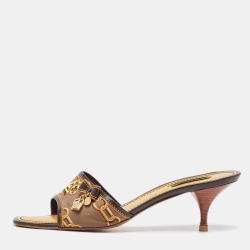 Louis Vuitton Brown/Yellow Printed Satin Charms Detail Slide Sandals Size 40