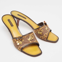 Louis Vuitton Brown/Yellow Printed Satin Charms Detail Slide Sandals Size 40