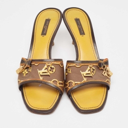 Louis Vuitton Brown/Yellow Printed Satin Charms Detail Slide Sandals Size 40