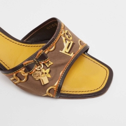 Louis Vuitton Brown/Yellow Printed Satin Charms Detail Slide Sandals Size 40